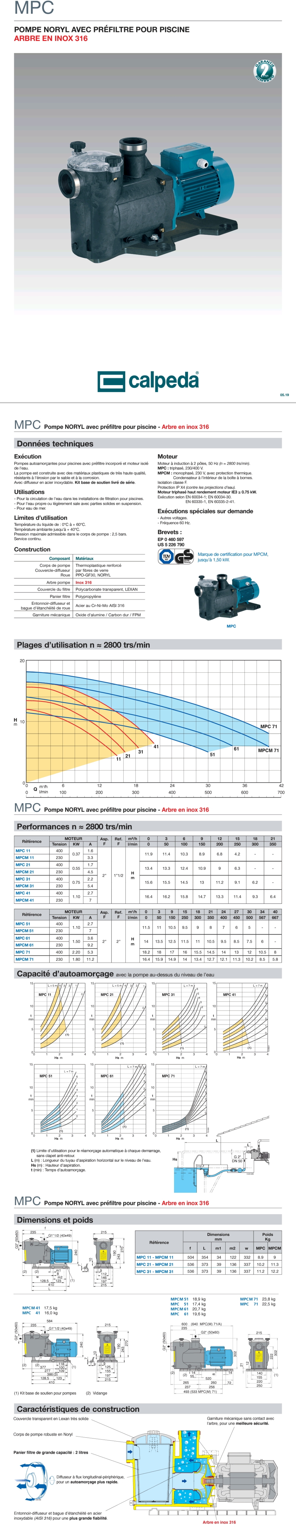 Calpeda Fiche Technique MPC 61/A