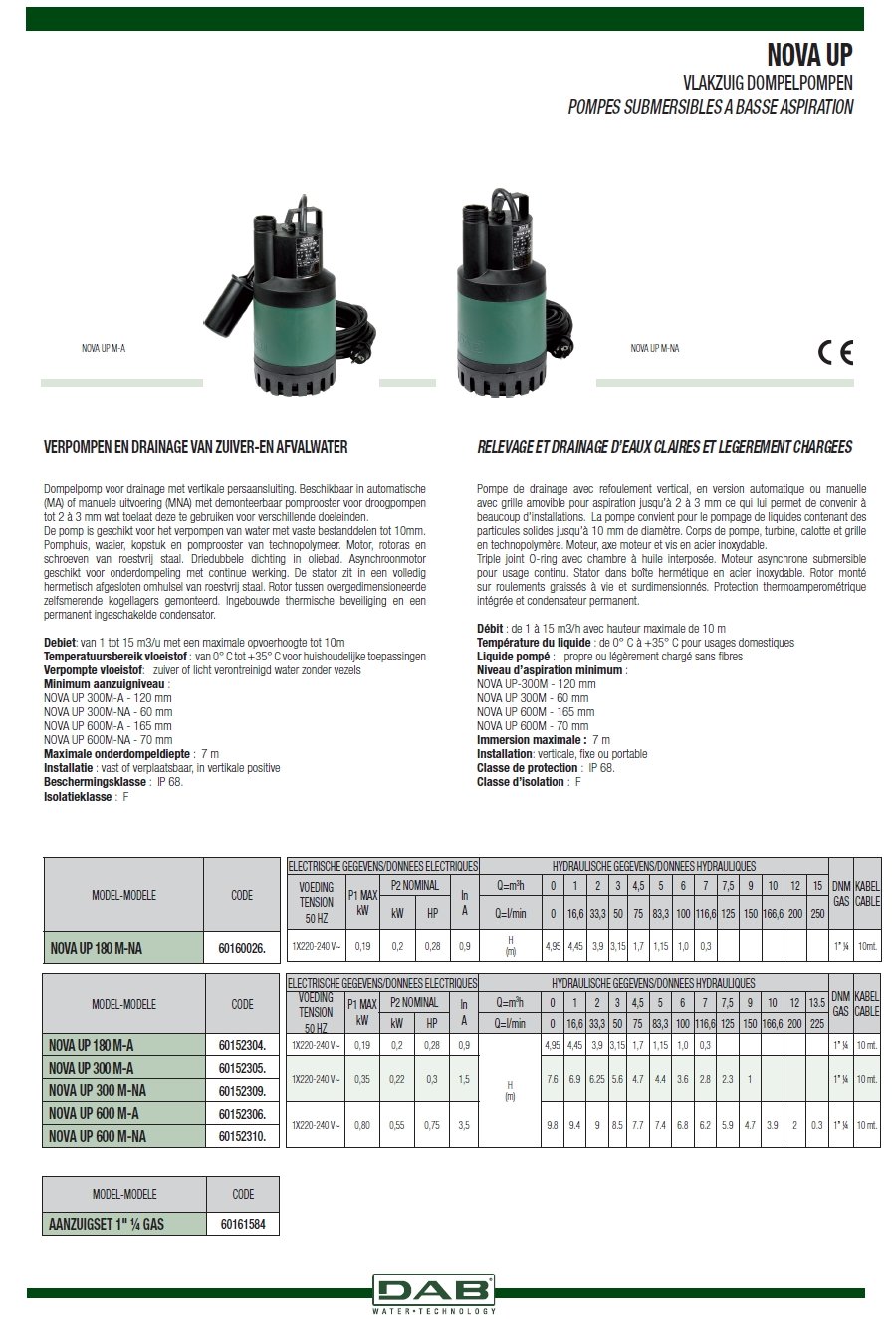 Pompe submersible Drainage Eau claire NOVA UP 300M-A 0,21Kw 1x230V Flotteur  DAB