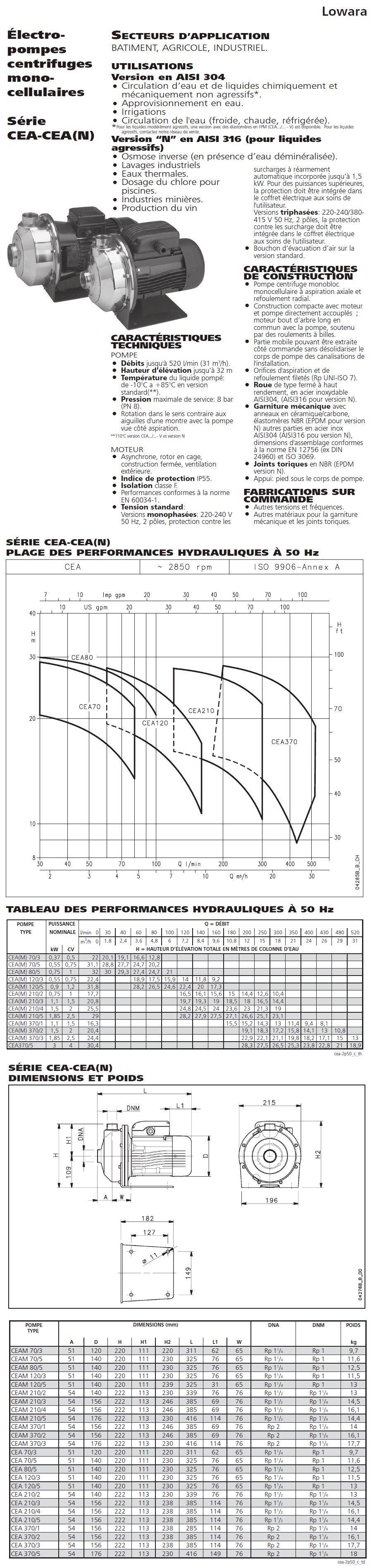 Fiche technique Lowara CEA 210/5N+V