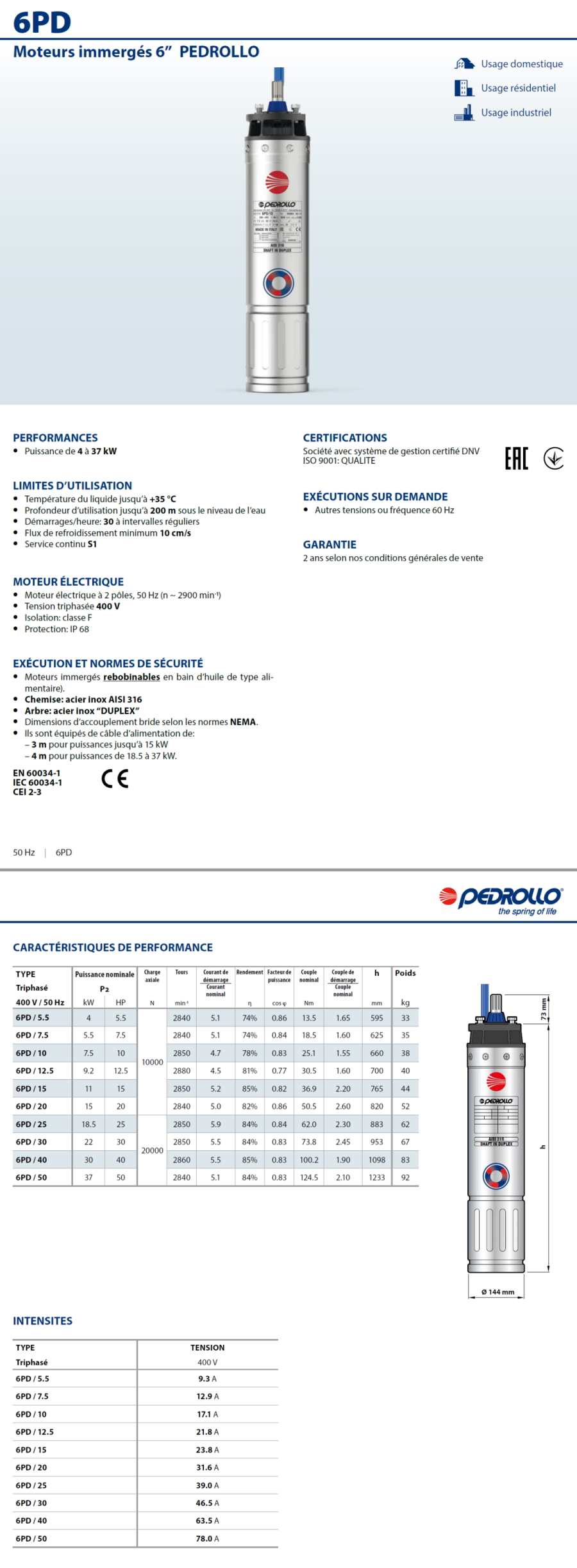 Moteur immergée Triphasé 220V