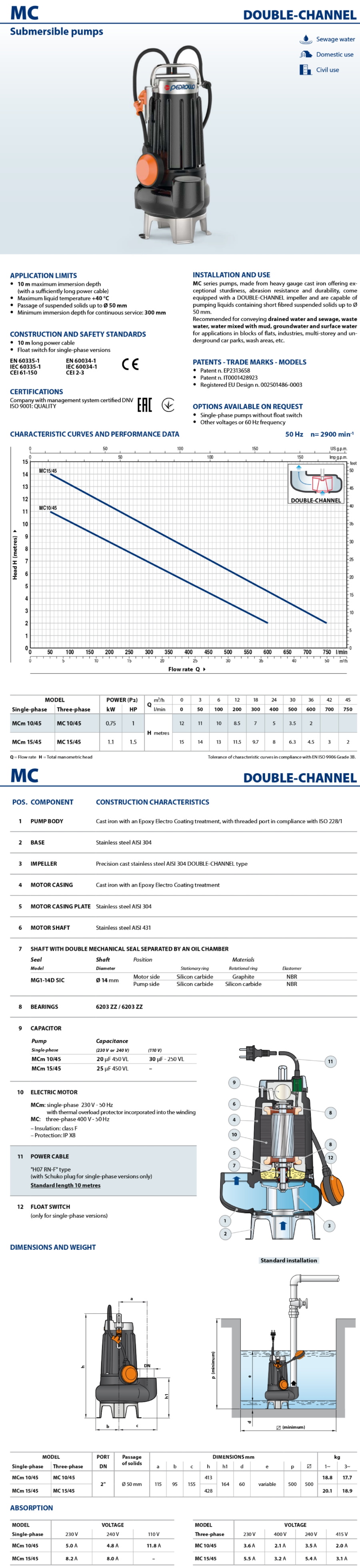 Pedrollo Data Sheet MCm 10/45